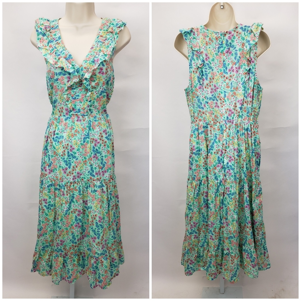J. Crew Floral Ruffled Midi Dress in Mint Multi